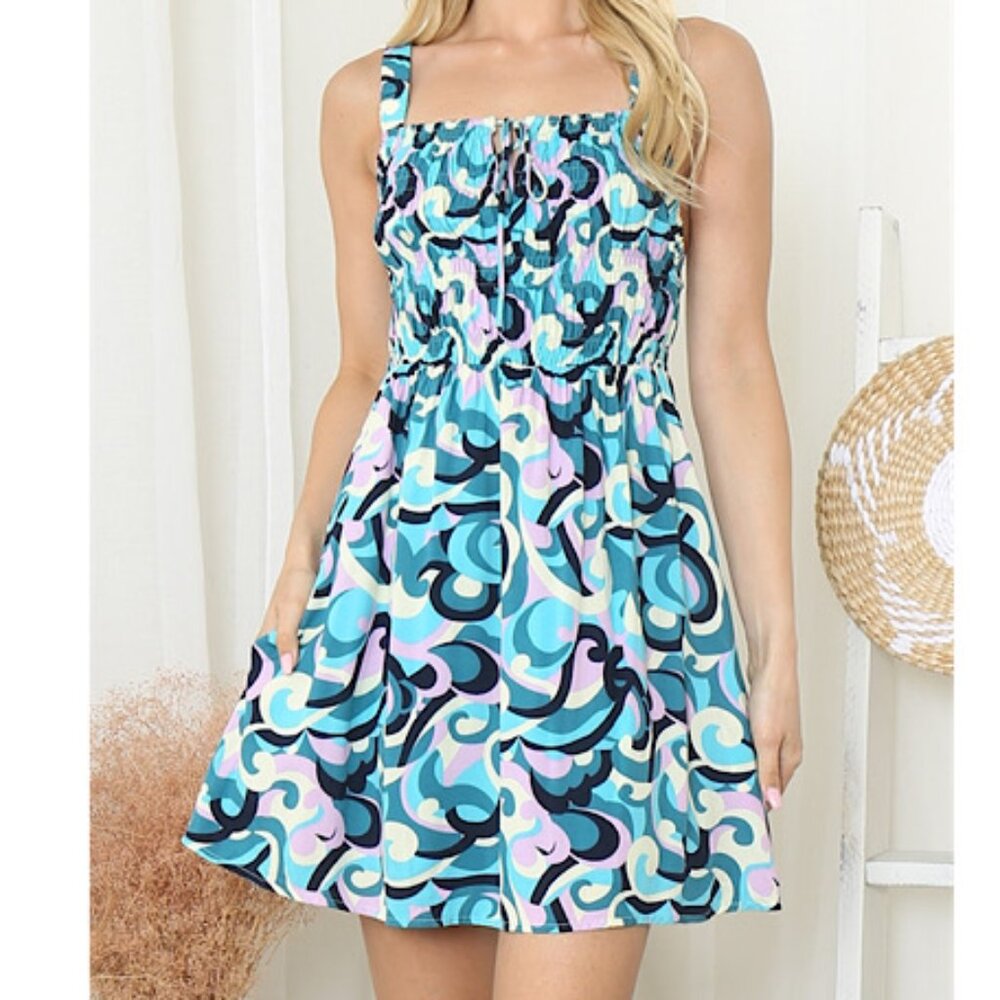 Women's Blue Multi Colour Smocked Mini Dress with side Pockets  Bohemian Y2K